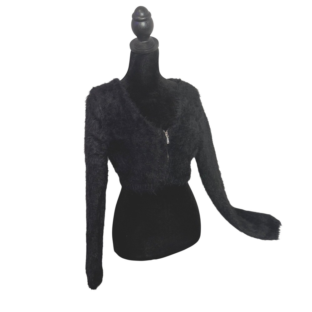 Black Fuzzy Shaggy Faux‎ Fur Cropped Zip Up Cardigan Sweater Size L Soft Cozy